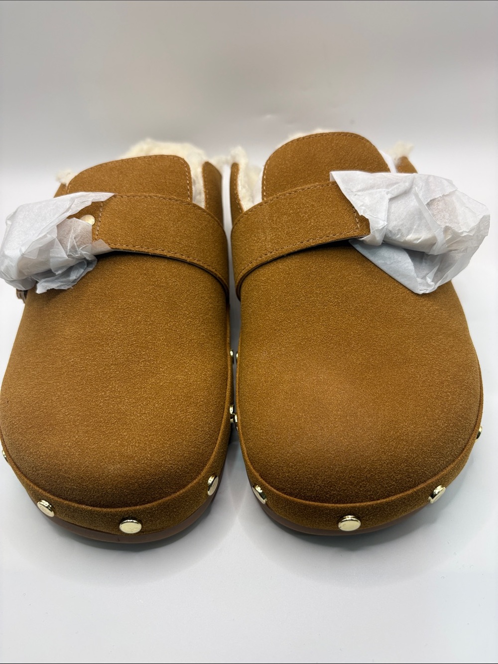 BCBGeneration Hailey-2 Tan Suede Shearling-Lined Clog Mules with Gold Studs